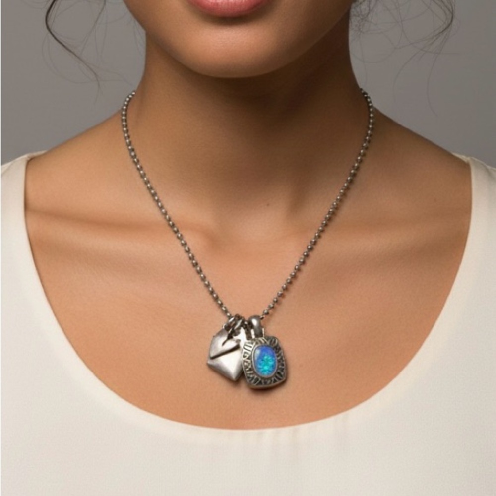 FOSSIL Sterling Silver Opal Love Letter Charm Necklace